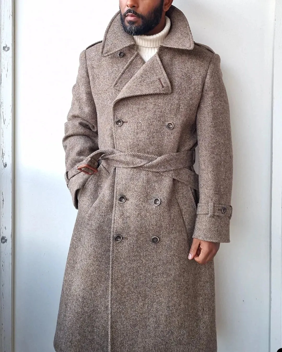 Aidase Men Long Coat Overcoat Herringbone Brown Gentlemen With Belt Double Breasted Warm Woolen Blend Business Causal Daily Tailored