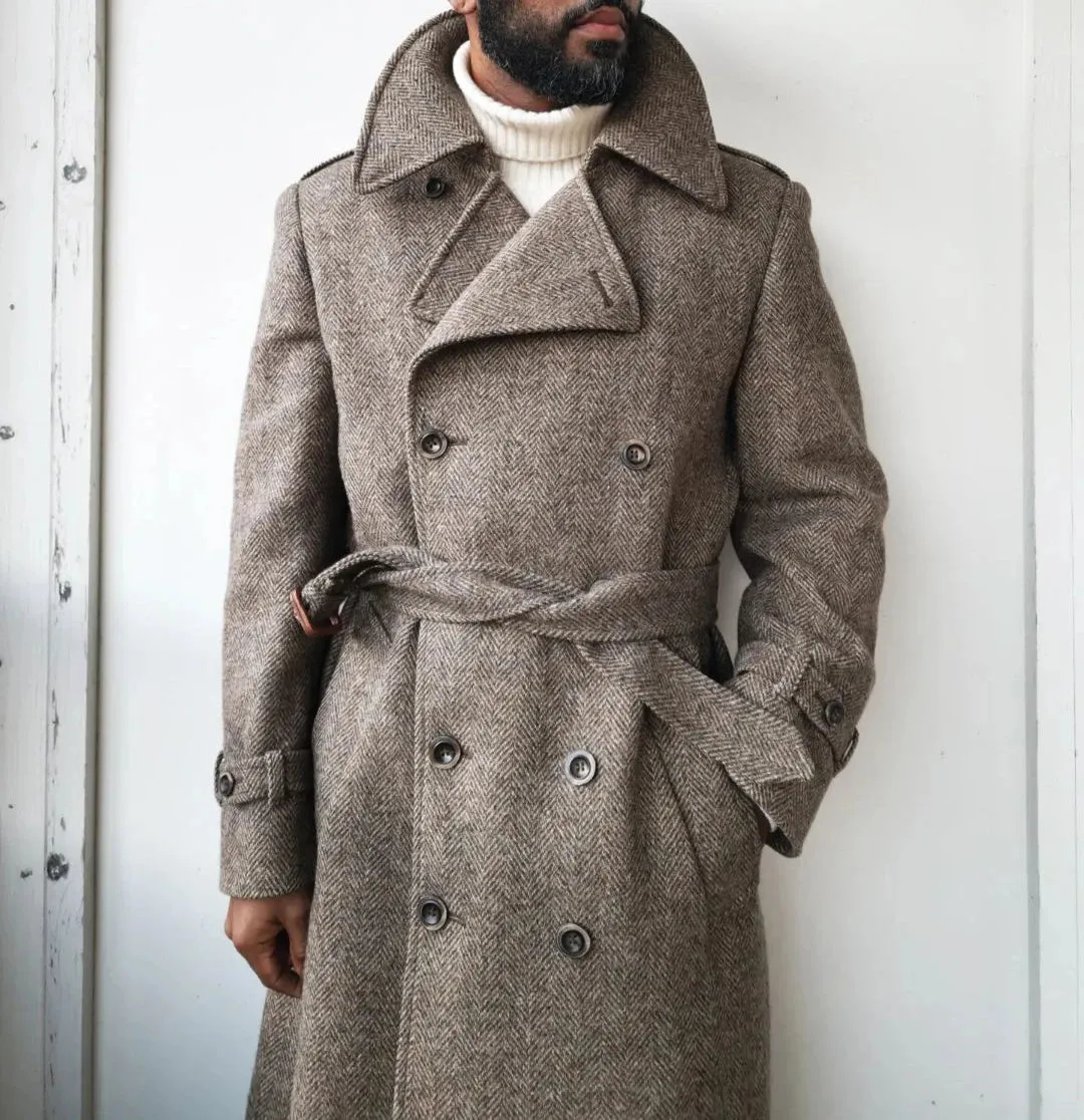 Aidase Men Long Coat Overcoat Herringbone Brown Gentlemen With Belt Double Breasted Warm Woolen Blend Business Causal Daily Tailored