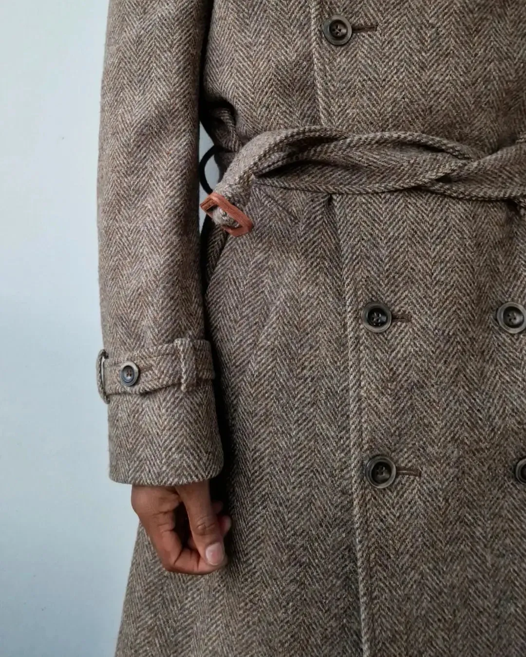 Aidase Men Long Coat Overcoat Herringbone Brown Gentlemen With Belt Double Breasted Warm Woolen Blend Business Causal Daily Tailored