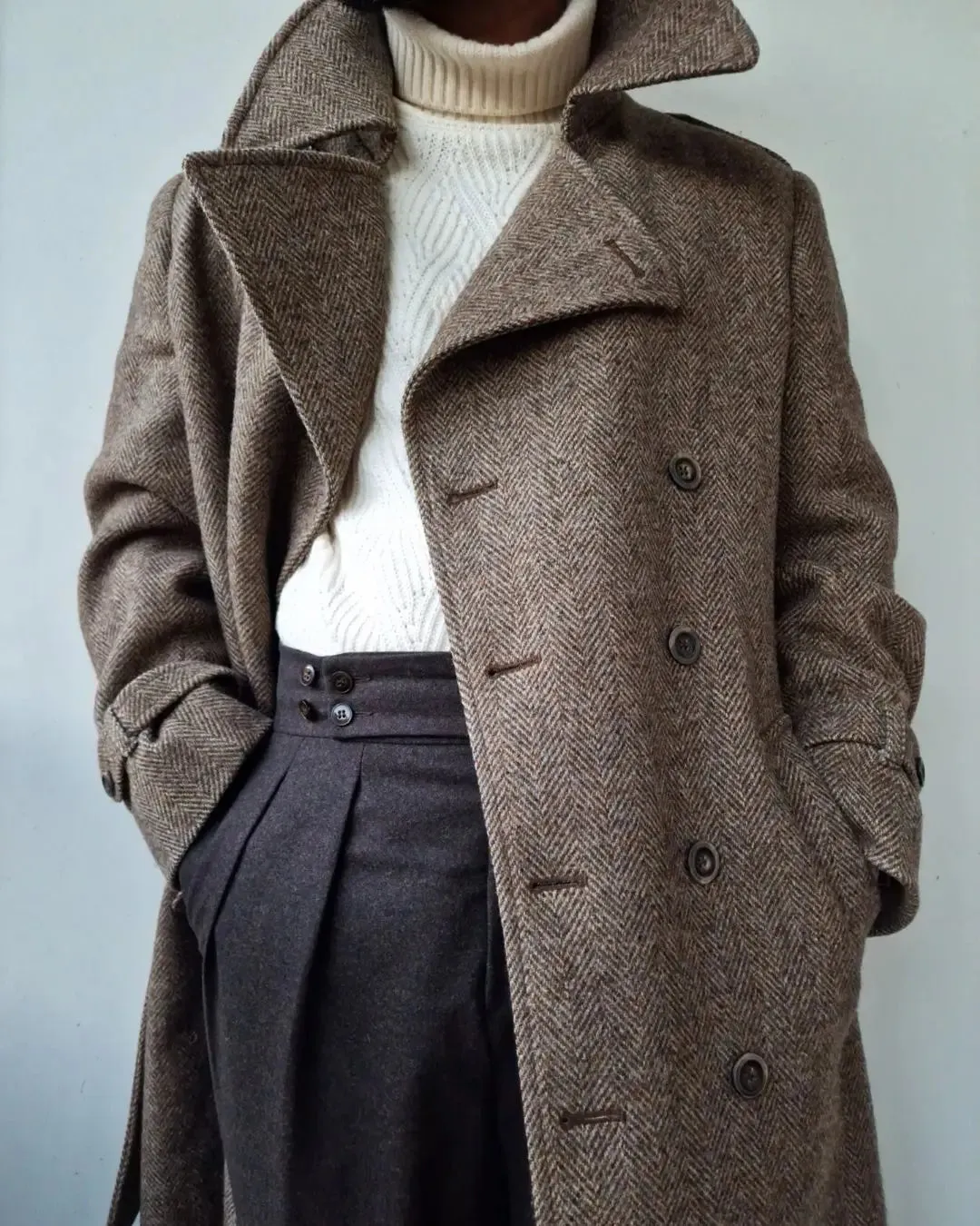 Aidase Men Long Coat Overcoat Herringbone Brown Gentlemen With Belt Double Breasted Warm Woolen Blend Business Causal Daily Tailored