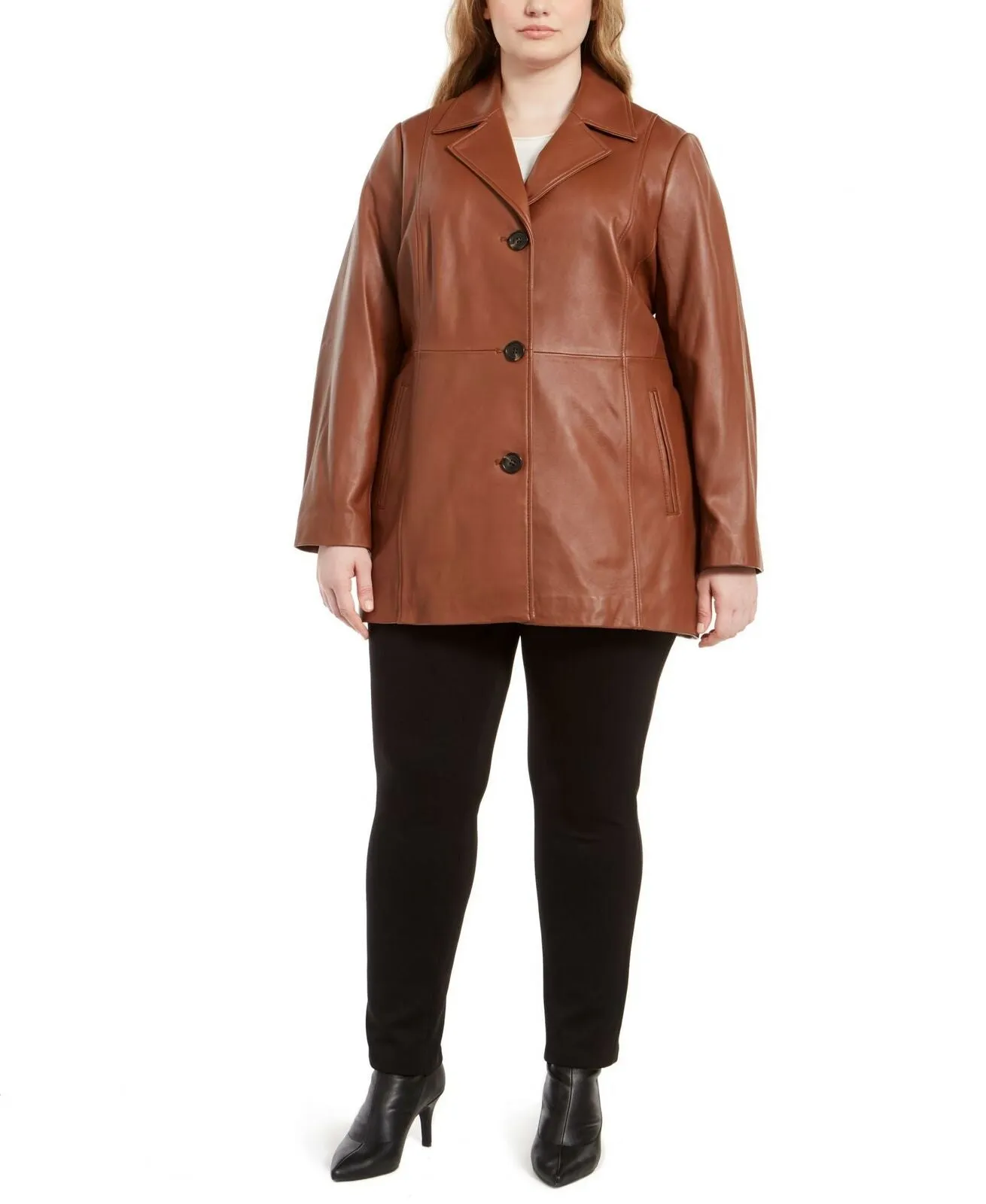 Anne Klein Women's Plus Size Leather Jacket Cognac 2X