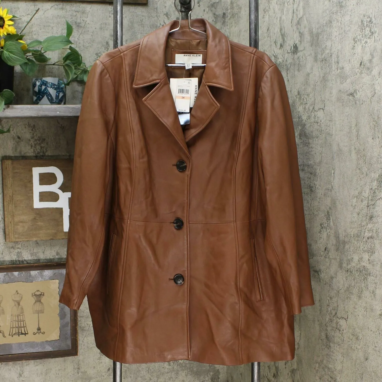 Anne Klein Women's Plus Size Leather Jacket Cognac 2X