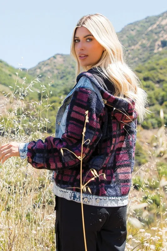 Blue Snow Multi Plus Size Hooded Denim Sherpa Contrast Jacket