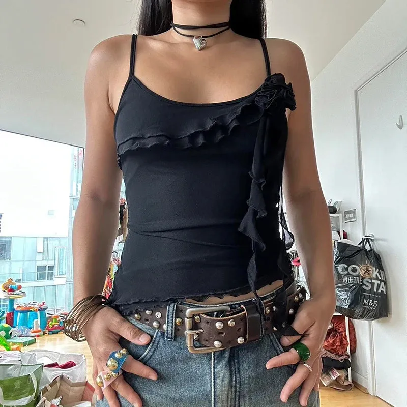 Double-layer Mesh Crop Top Sweet Ruffles Floral Patchwork Sleeveless Camisole Women 90s Vintage See Through Tees y2k Sexy