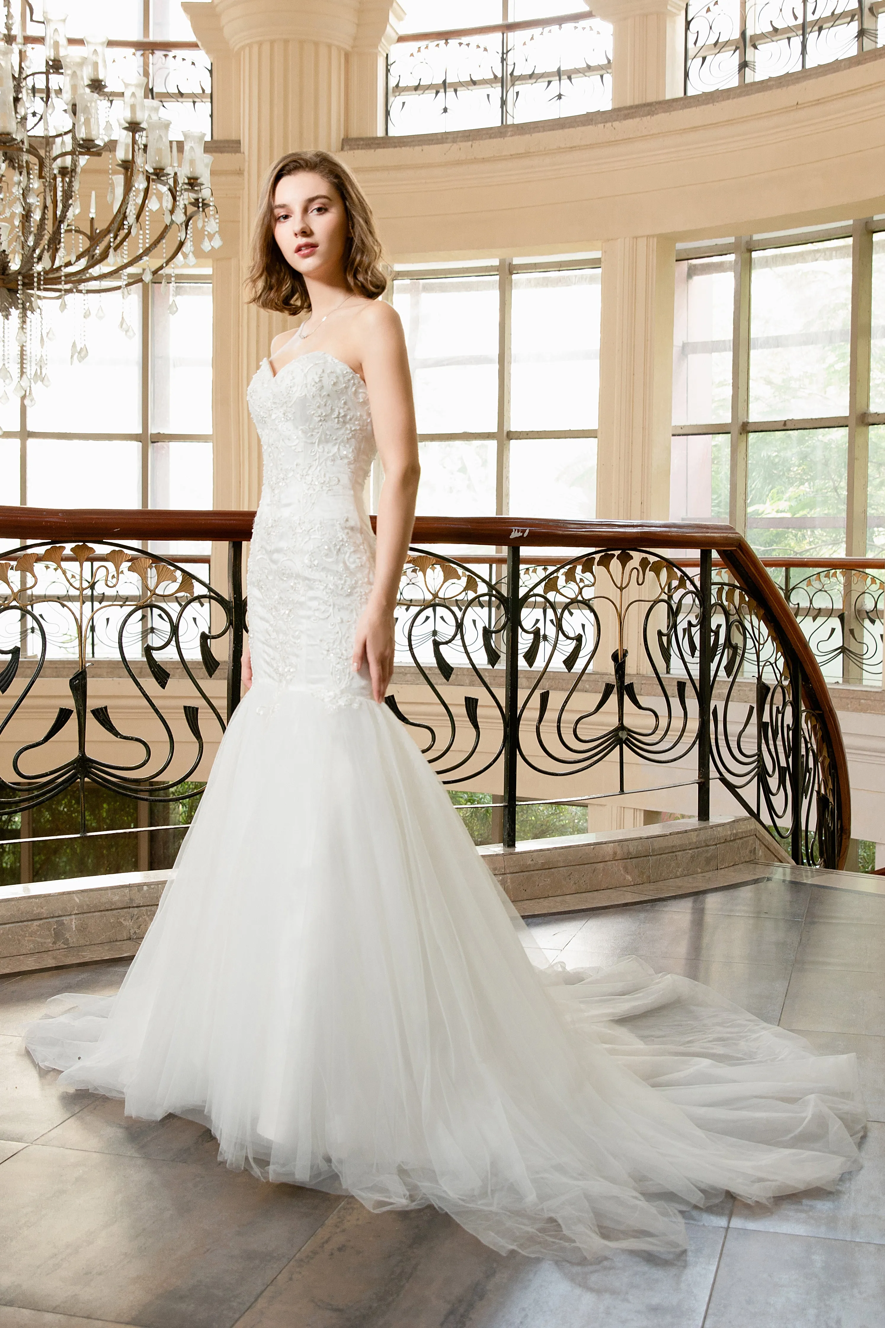 Evelyn - Selena Huan Strapless Abstract Chantilly Lace Mermaid Gown
