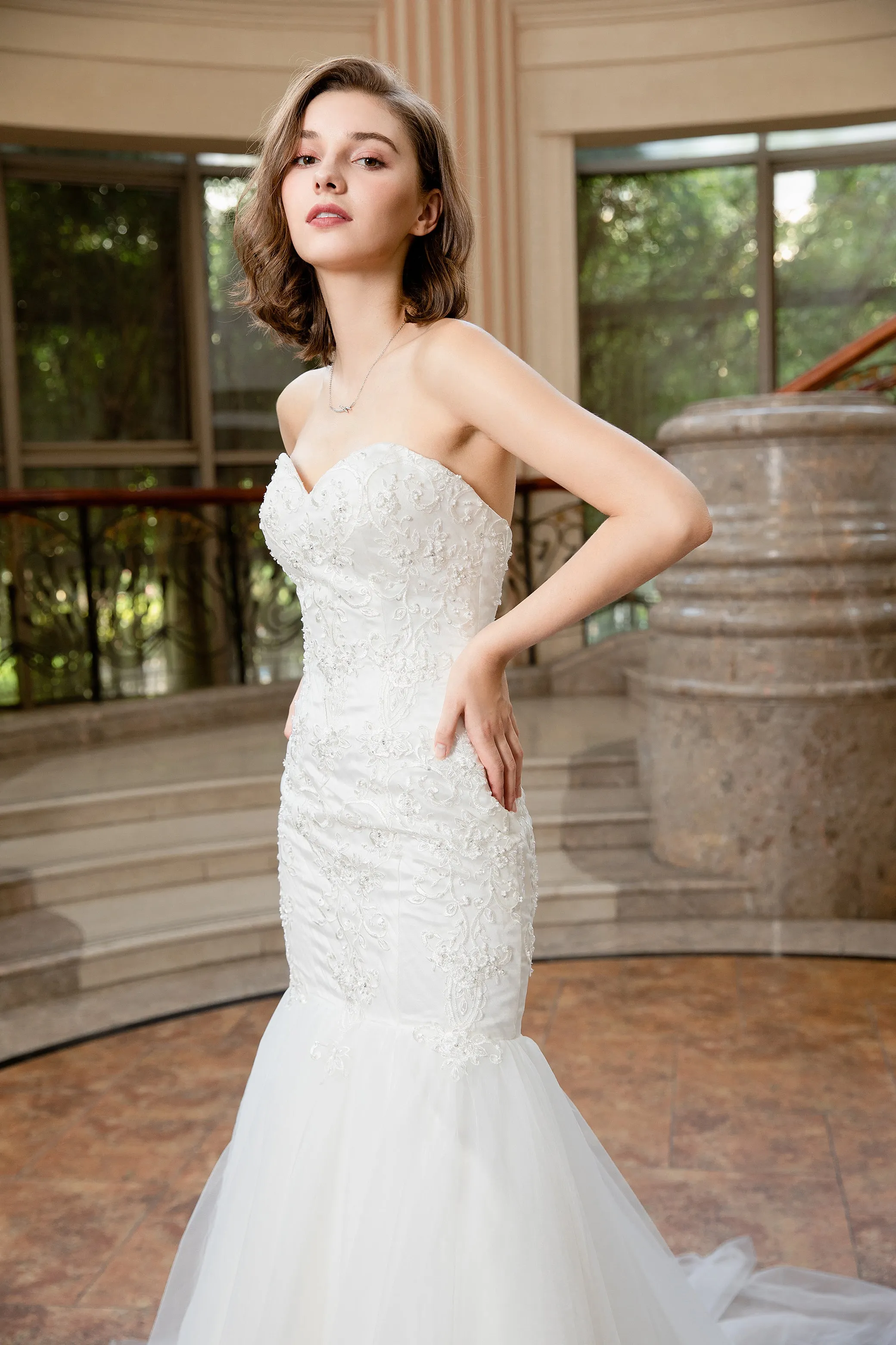 Evelyn - Selena Huan Strapless Abstract Chantilly Lace Mermaid Gown