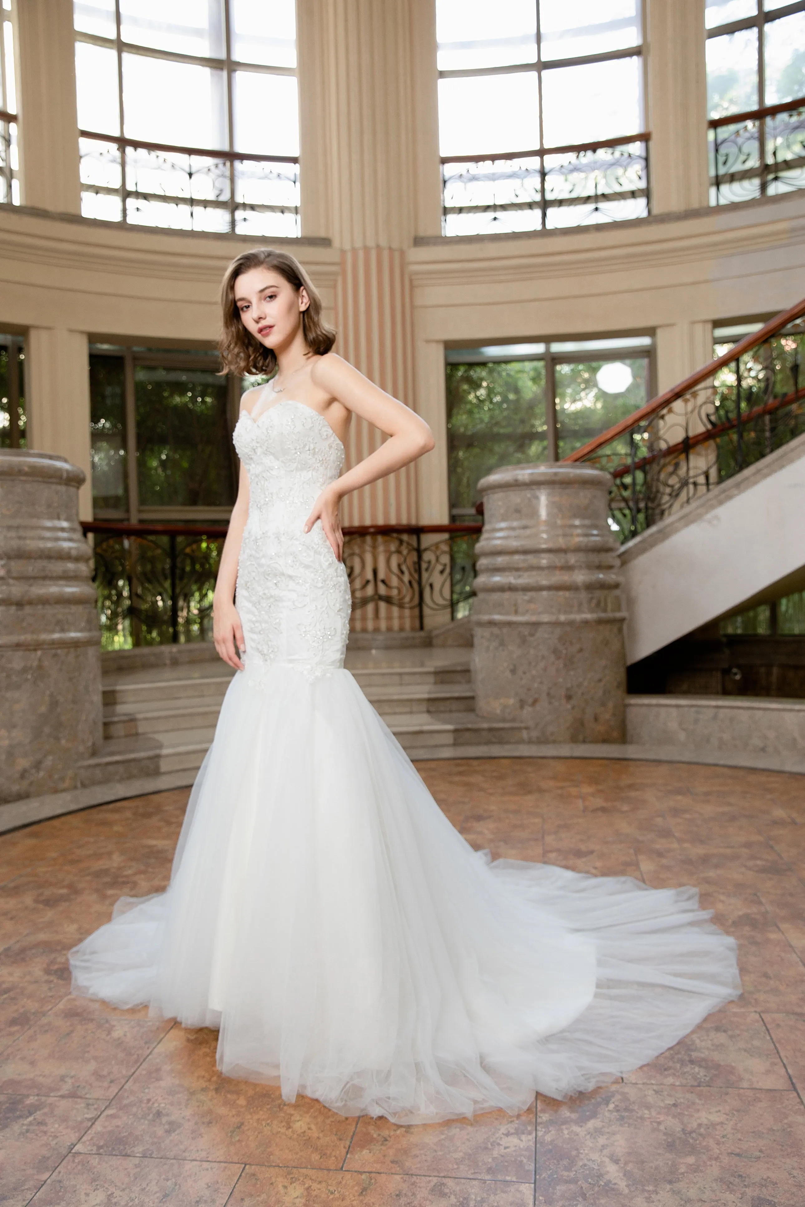 Evelyn - Selena Huan Strapless Abstract Chantilly Lace Mermaid Gown