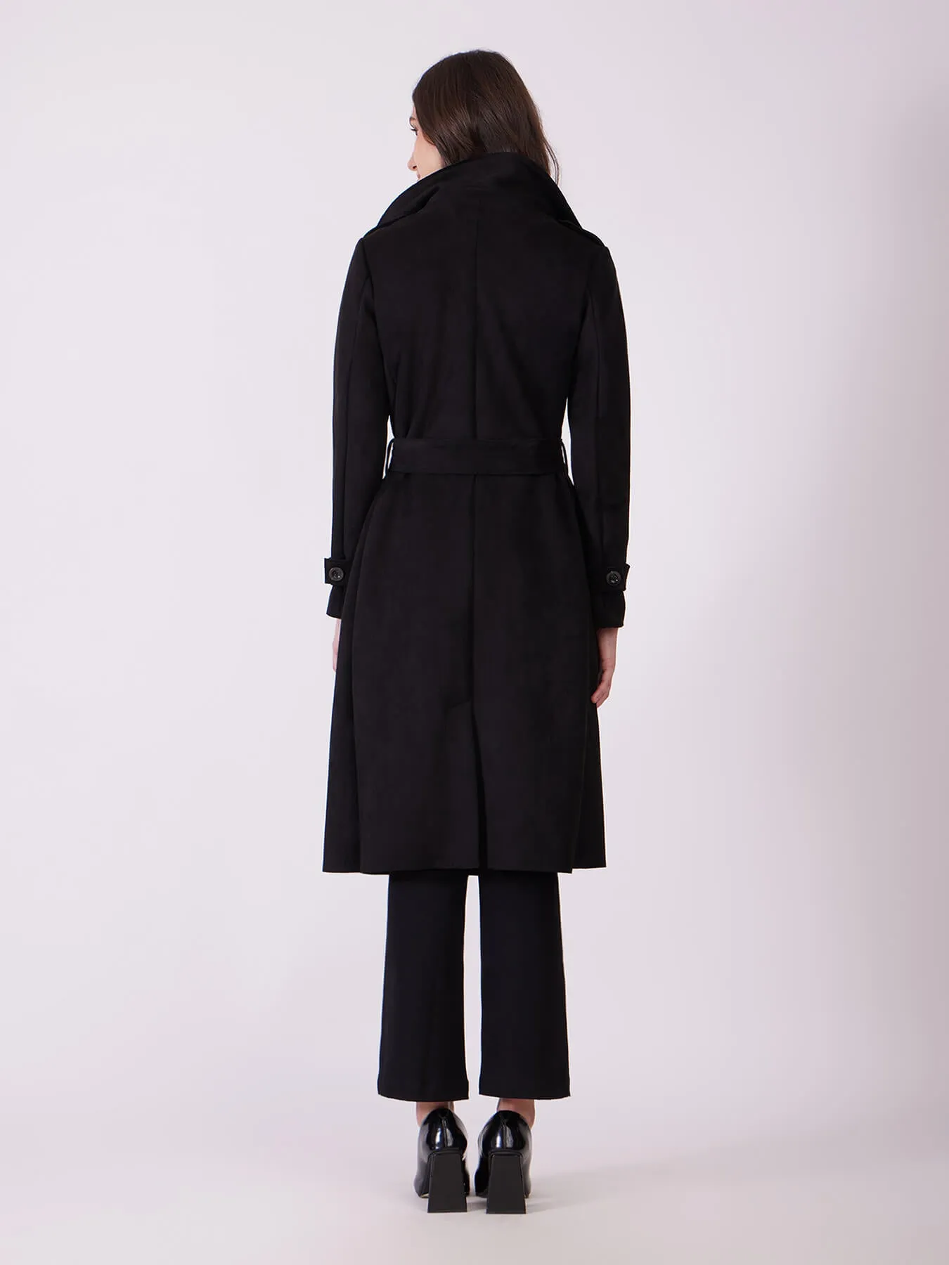 Faux Suede Double Breasted Overcoat - Black