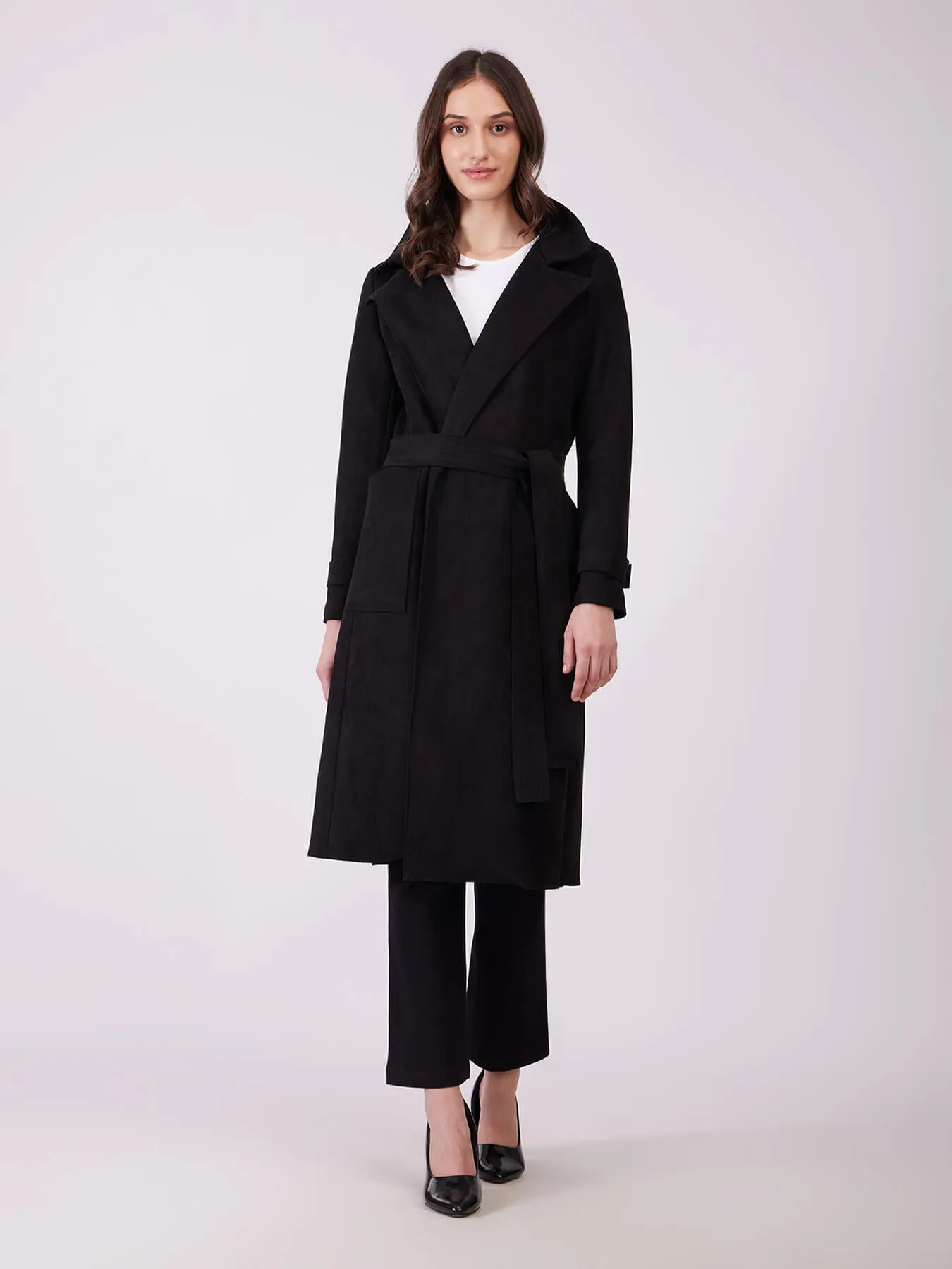 Faux Suede Double Breasted Overcoat - Black
