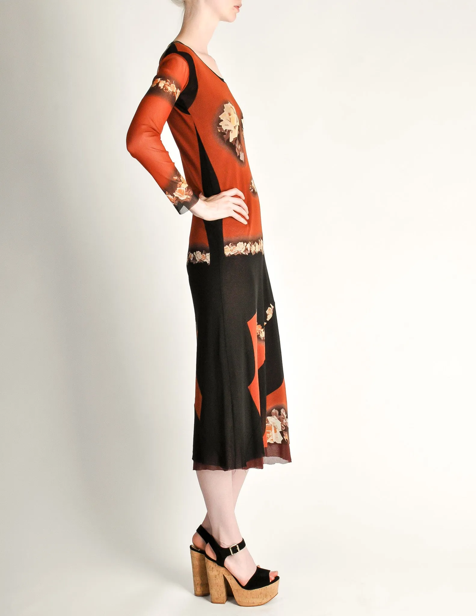 Jean Paul Gaultier Vintage Black & Rust Floral Mesh Dress