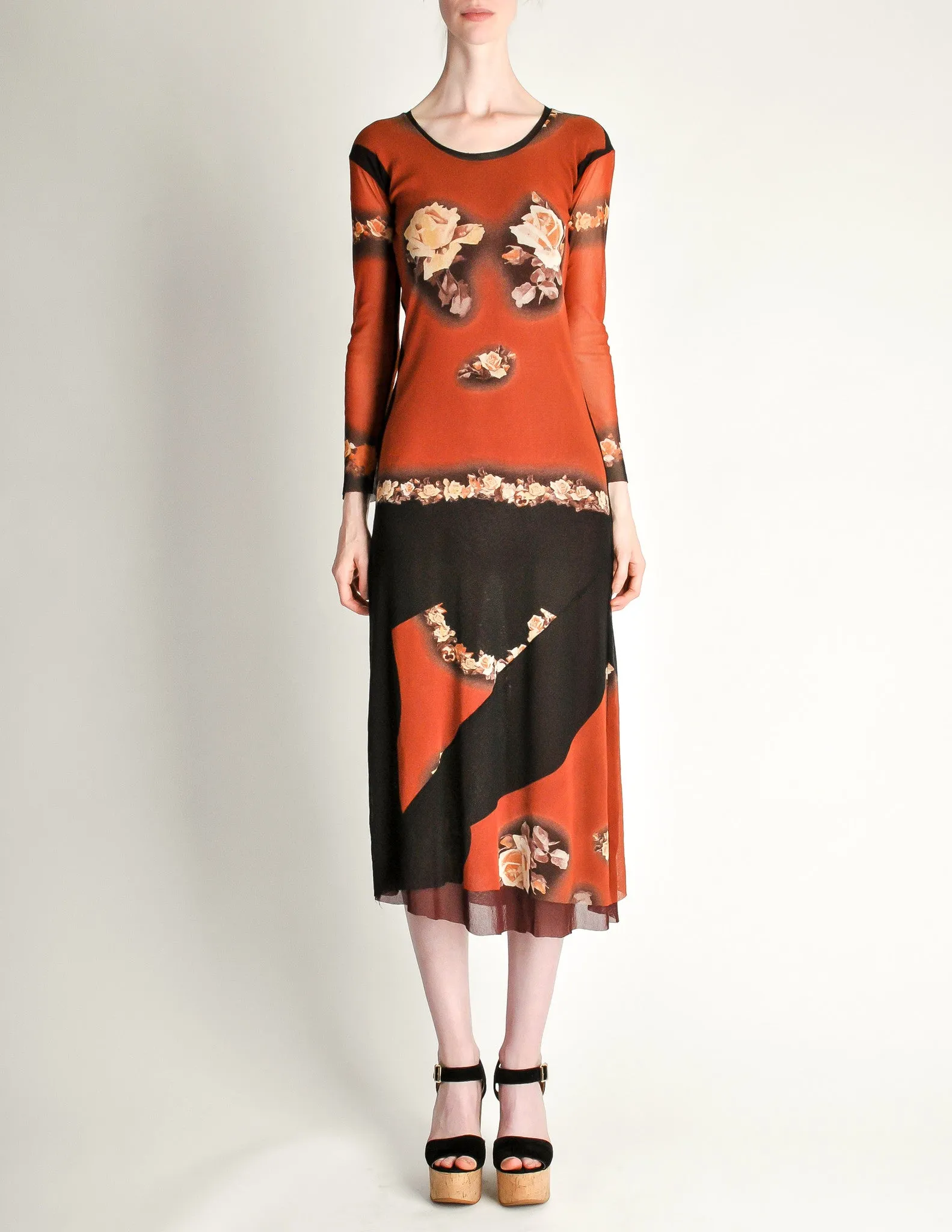 Jean Paul Gaultier Vintage Black & Rust Floral Mesh Dress