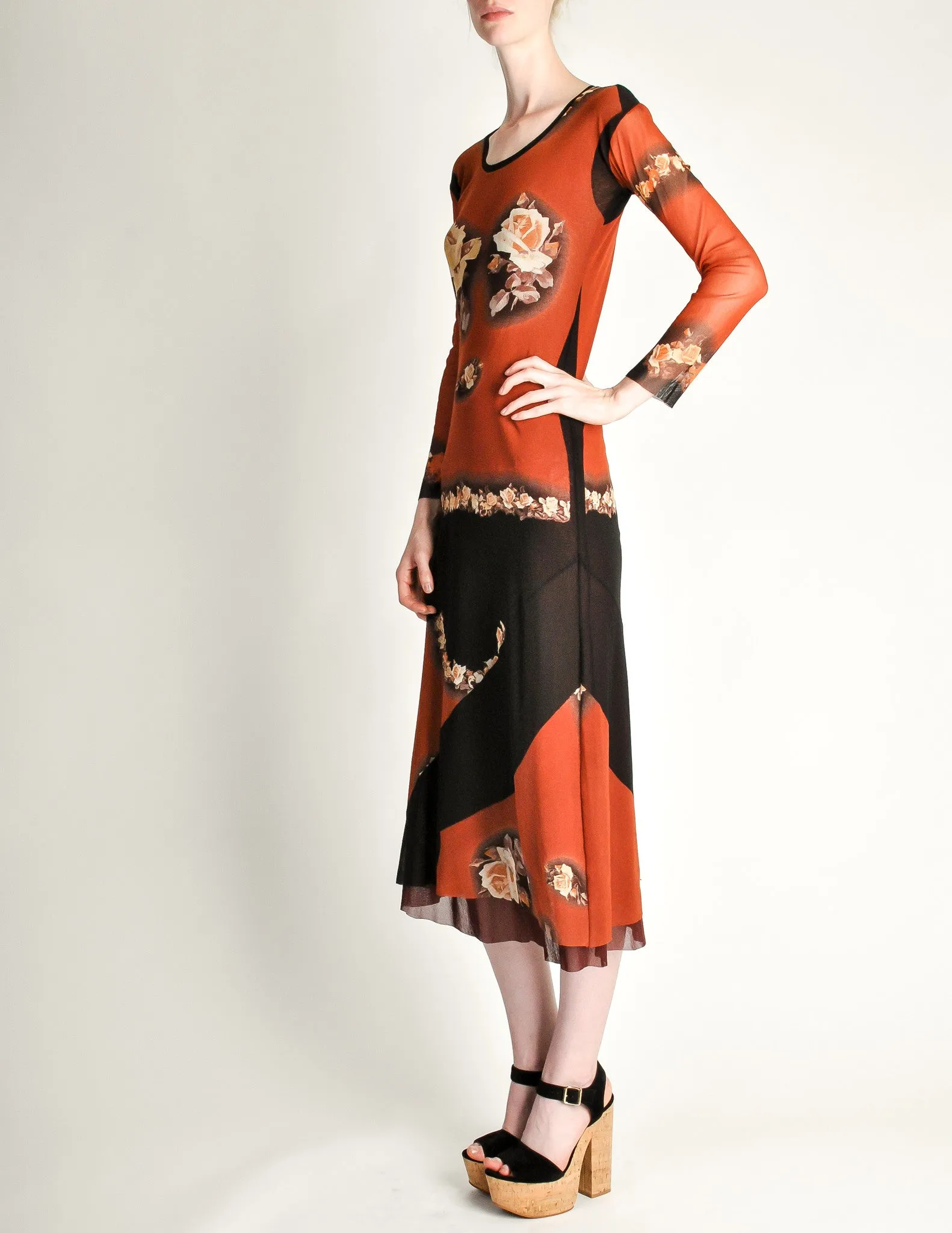 Jean Paul Gaultier Vintage Black & Rust Floral Mesh Dress