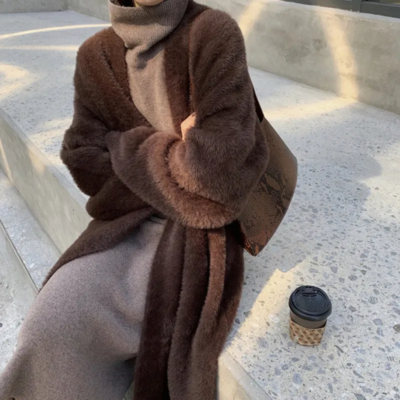 Lanfubeisi business casual outfits Korean Style Autumn and Winter New Style Faux Mink Velvet Sweater Women's Cardigan Outer Wear over the Knee Long Loose Overcoat Women's Coat