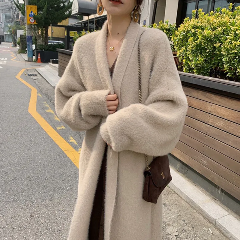 Lanfubeisi business casual outfits Korean Style Autumn and Winter New Style Faux Mink Velvet Sweater Women's Cardigan Outer Wear over the Knee Long Loose Overcoat Women's Coat