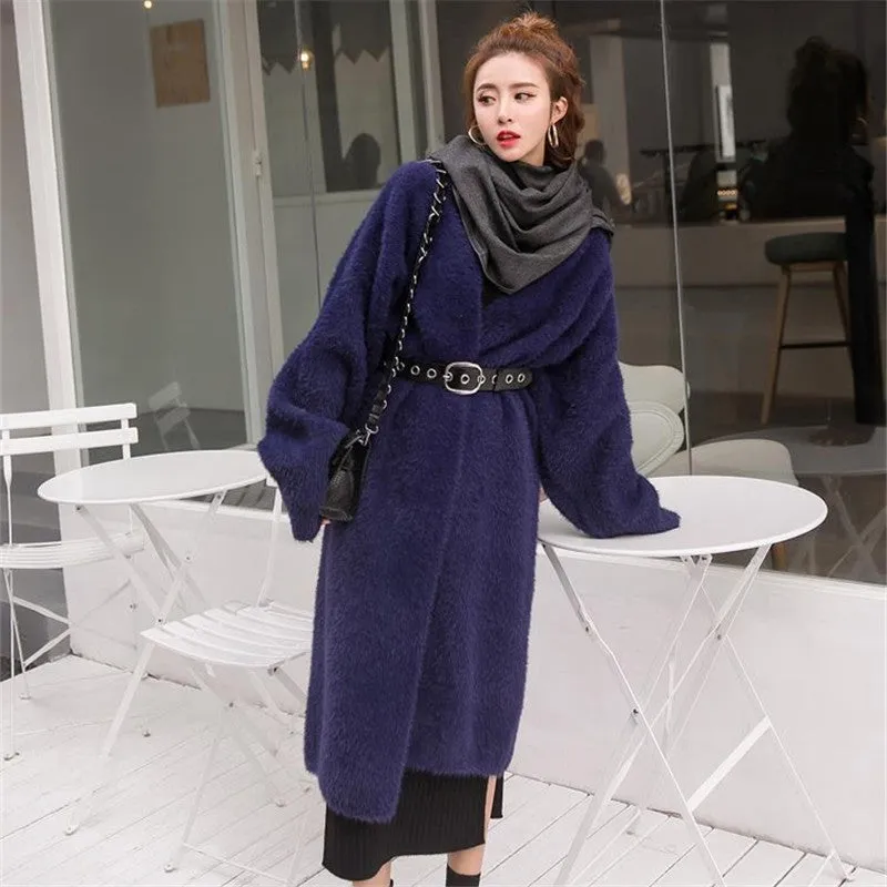 Lanfubeisi business casual outfits Korean Style Autumn and Winter New Style Faux Mink Velvet Sweater Women's Cardigan Outer Wear over the Knee Long Loose Overcoat Women's Coat