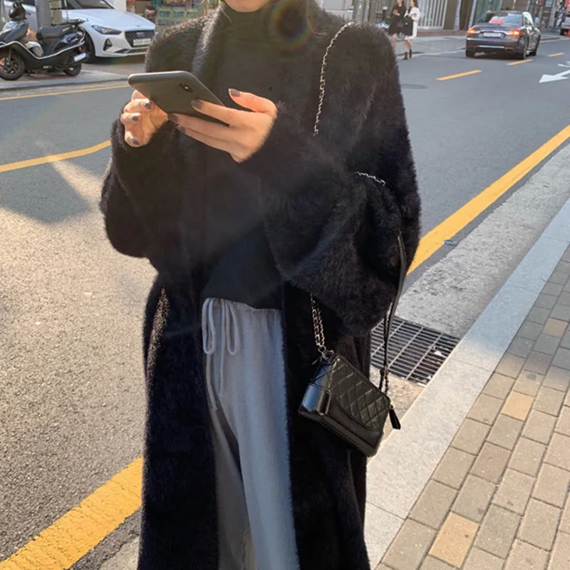 Lanfubeisi business casual outfits Korean Style Autumn and Winter New Style Faux Mink Velvet Sweater Women's Cardigan Outer Wear over the Knee Long Loose Overcoat Women's Coat