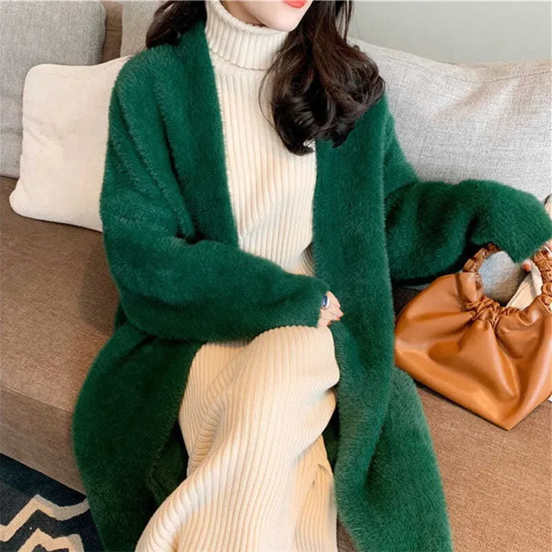 Lanfubeisi business casual outfits Korean Style Autumn and Winter New Style Faux Mink Velvet Sweater Women's Cardigan Outer Wear over the Knee Long Loose Overcoat Women's Coat