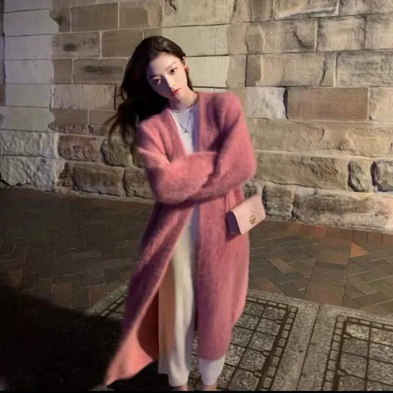 Lanfubeisi business casual outfits Korean Style Autumn and Winter New Style Faux Mink Velvet Sweater Women's Cardigan Outer Wear over the Knee Long Loose Overcoat Women's Coat