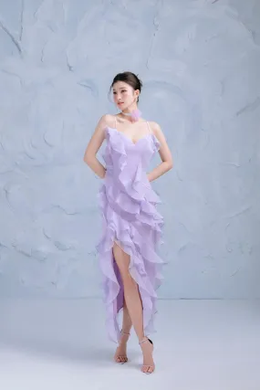 Lavender Asymmetric Ruffle Layer Organza Midi Dress
