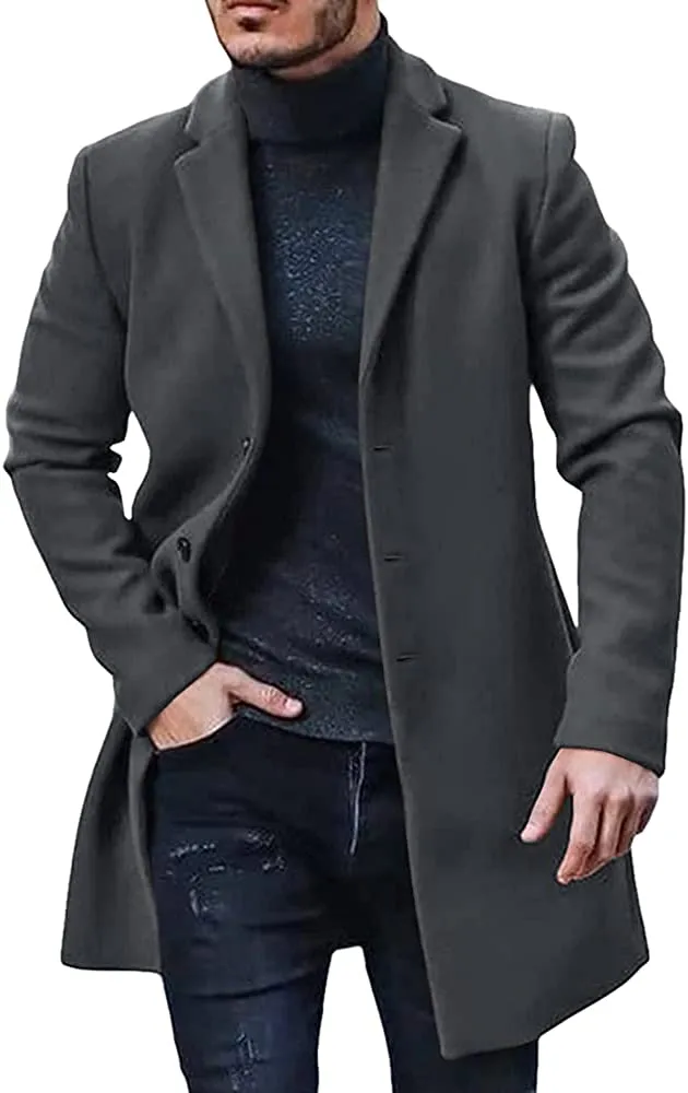 Men's Trench Coat Dark Grey Winter Warm Cotton Long Jacket Overcoat
