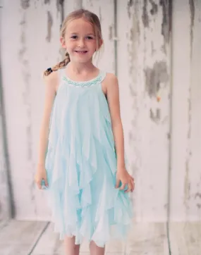 Mesmeric Mesh Ruffle Dress with Beaded Neckline - Turquoise