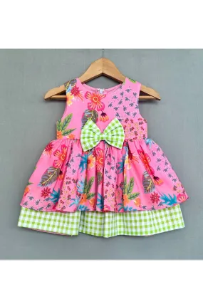 Pink Cotton Floral Dress with Gingham Checks