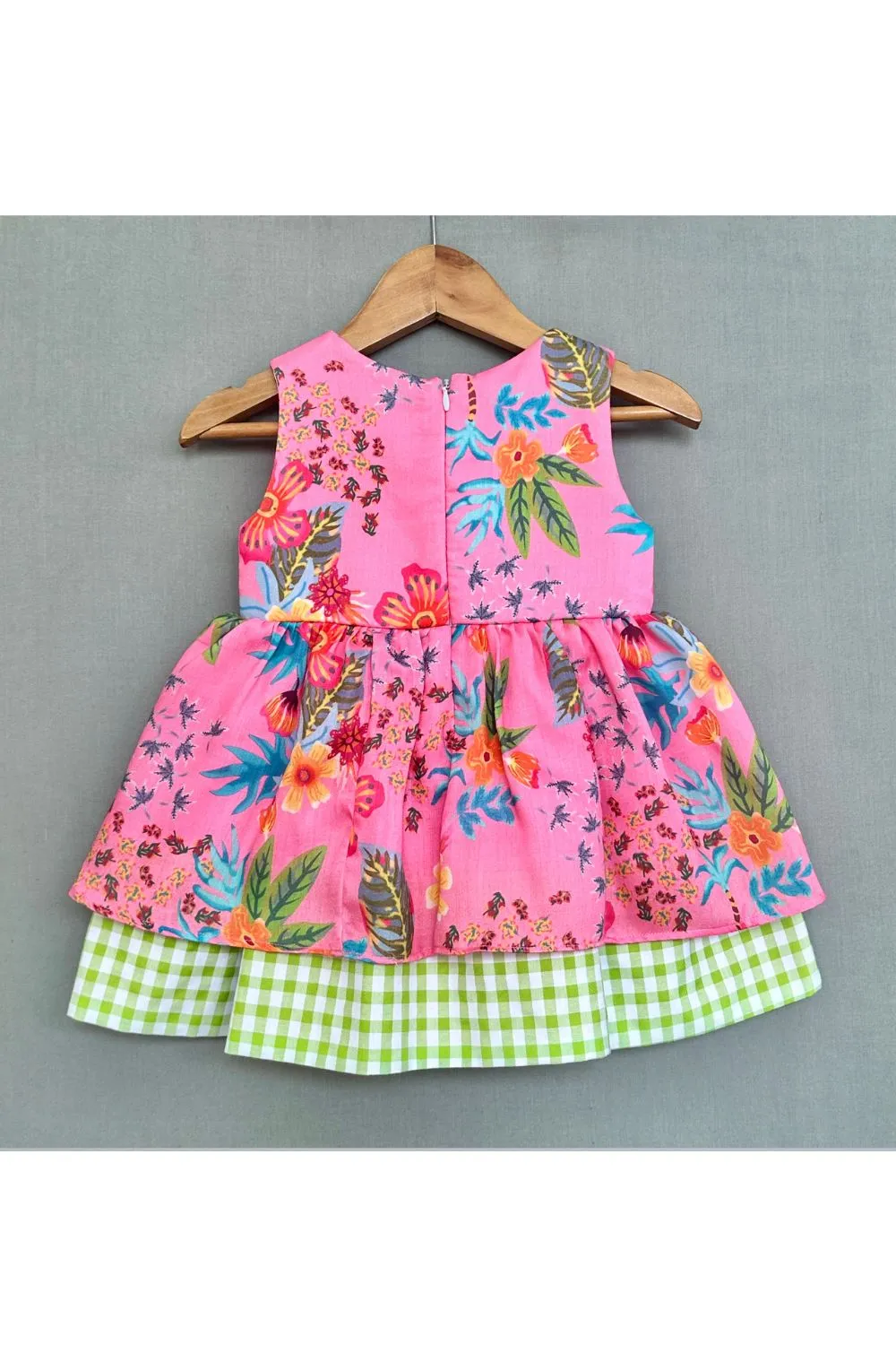 Pink Cotton Floral Dress with Gingham Checks