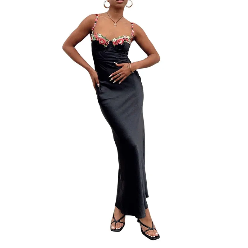Uniwim Women Floral Dresses Summer V Neck Spaghetti Strap Sleeveless Long Dress Elegant Ladies Satin Dresses Party Clothes Clubwear
