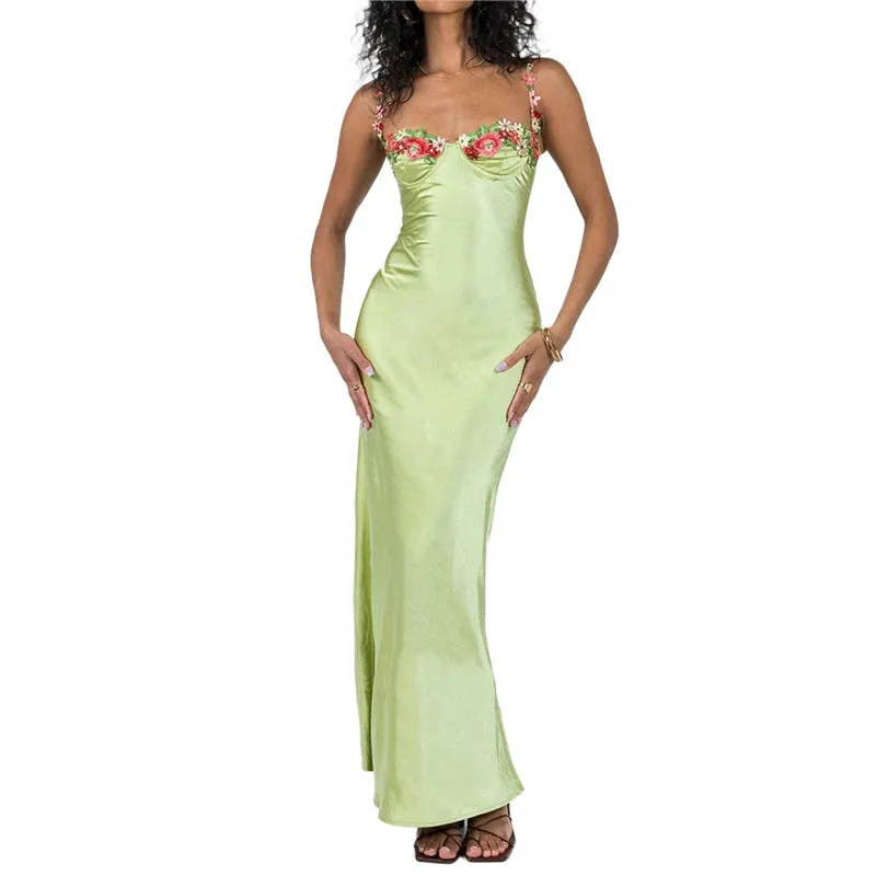 Uniwim Women Floral Dresses Summer V Neck Spaghetti Strap Sleeveless Long Dress Elegant Ladies Satin Dresses Party Clothes Clubwear