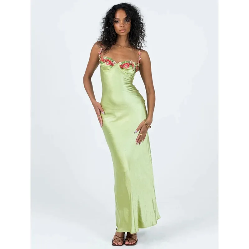 Uniwim Women Floral Dresses Summer V Neck Spaghetti Strap Sleeveless Long Dress Elegant Ladies Satin Dresses Party Clothes Clubwear