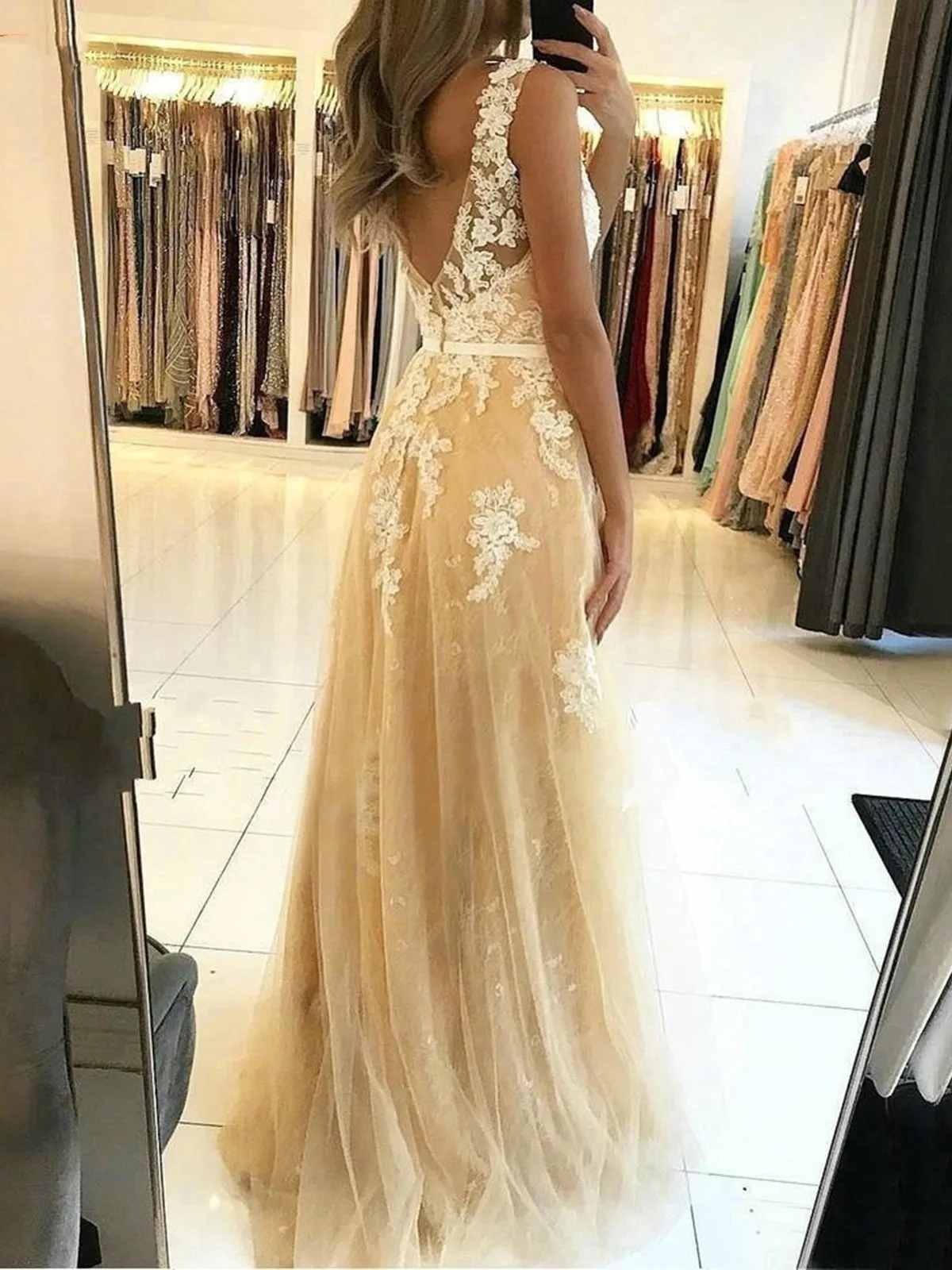 V Neck and V Back Champagne Lace Long Prom Dresses, Champagne Lace Formal Graduation Evening Dresses
