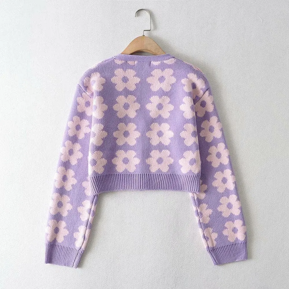 V neck flower pattern button knitted contrast long sleeve cardigan top