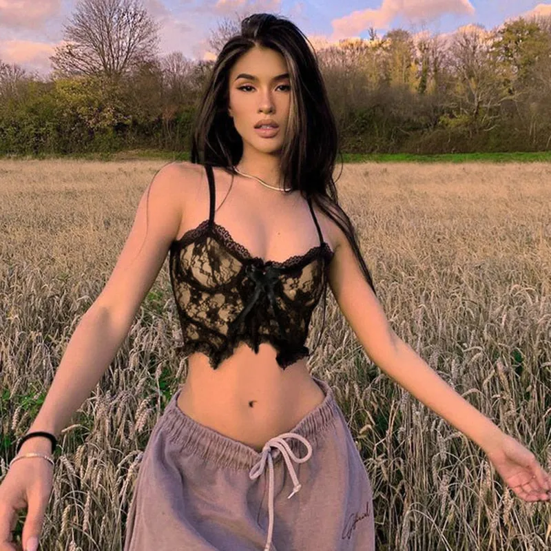 Wenkouban Goth Aesthetic Lace Crop Tops Women Back Zip Up Dark Academia E Girl Clothes Double Layer V Neck Sexy Cami Top 2023