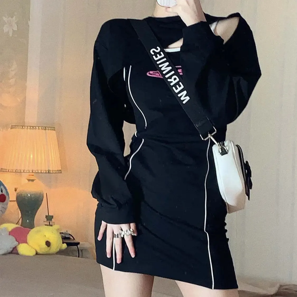 Y2k Bodyocn Slim Slip Mini Dress Women 2000s Korean Style Letter Print Sexy Short Dresses Kawaii Kpop Summer Outfits